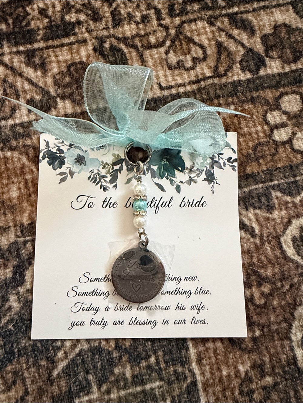 Bridal Something Blue Charm Bracelet Accent with Aqua Ribbon and Pearls